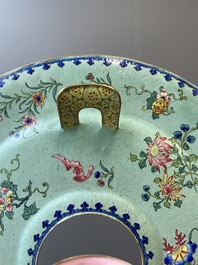 A large Chinese green-ground Canton enamel warming bowl with floral design, 18th C.