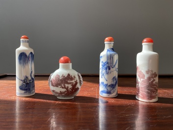 Four Chinese blue, white and copper-red snuff bottles, 19th C.