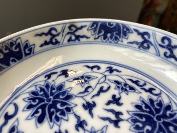 Three Chinese blue and white 'lotus scroll' plates, Guangxu mark and of the period