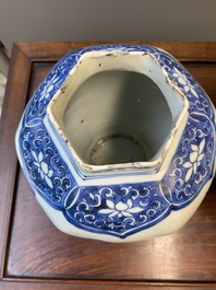 A pair of Chinese blue and white hexagonal vases, Transitional period