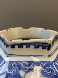 A pair of Chinese blue and white hexagonal vases, Transitional period