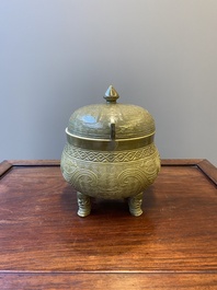 A rare Chinese monochrome teadust-glazed food vessel and cover, 'dui 敦', Hua Ting Shi Zhi 華亭氏製 mark, late 19th C.