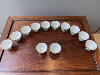 Twelve Chinese turquoise-ground grisaille-decorated Dayazhai wine cups, Yong Qing Chang Chun 永慶長春 mark, Guangxu