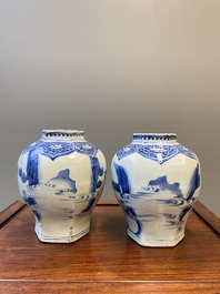 A pair of Chinese blue and white hexagonal vases, Transitional period