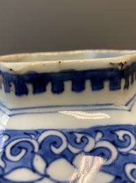 A pair of Chinese blue and white hexagonal vases, Transitional period