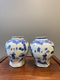 A pair of Chinese blue and white hexagonal vases, Transitional period