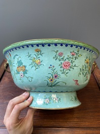 A large Chinese green-ground Canton enamel warming bowl with floral design, 18th C.