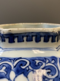A pair of Chinese blue and white hexagonal vases, Transitional period