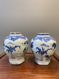 A pair of Chinese blue and white hexagonal vases, Transitional period