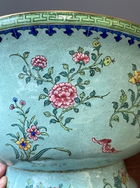 A large Chinese green-ground Canton enamel warming bowl with floral design, 18th C.
