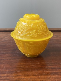A fine Chinese yellow Peking glass bowl and cover, Qianlong mark and of the period