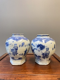 A pair of Chinese blue and white hexagonal vases, Transitional period