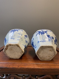 A pair of Chinese blue and white hexagonal vases, Transitional period