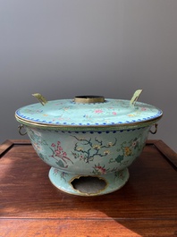 A large Chinese green-ground Canton enamel warming bowl with floral design, 18th C.