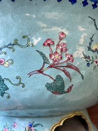 A large Chinese green-ground Canton enamel warming bowl with floral design, 18th C.