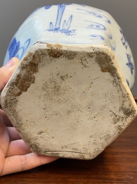 A pair of Chinese blue and white hexagonal vases, Transitional period