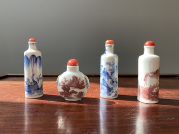 Four Chinese blue, white and copper-red snuff bottles, 19th C.