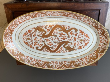 An imperial huge oval Chinese iron red and gilt 'dragon' dish, Ji Xiang Ru Yi 吉祥如意 mark, Guangxu