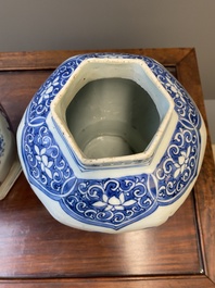 A pair of Chinese blue and white hexagonal vases, Transitional period