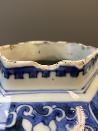 A pair of Chinese blue and white hexagonal vases, Transitional period