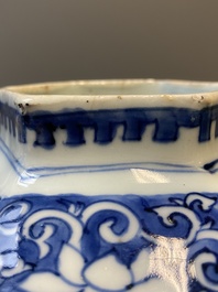 A pair of Chinese blue and white hexagonal vases, Transitional period