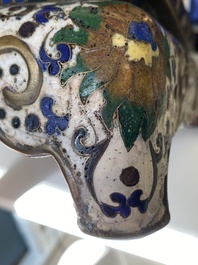 A Chinese cloisonn&eacute; model of a sheep standing on a rectangular base with Arabic inscription, Qing