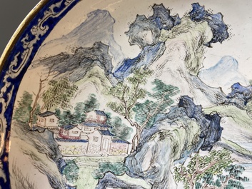 A pair of Chinese Canton enamel 'Master of the Rocks' plates, Yongzheng/Qianlong