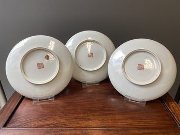 Three Chinese famille rose dishes, signed Zeng Fuqing 曾福慶 and Le Tao Zhai 樂陶齋 seal marks, dated 1946 and 1947