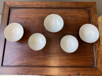 Five Chinese famille rose yellow-ground 'butterfly' bowls, Tongzhi mark and of the period