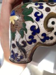 A Chinese cloisonn&eacute; model of a sheep standing on a rectangular base with Arabic inscription, Qing