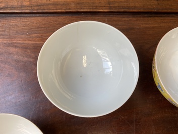 Four Chinese famille rose yellow-ground 'butterfly' bowls, Tongzhi mark and of the period