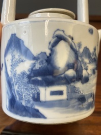 A Chinese blue and white teapot with a fine landscape, Chenghua mark, Kangxi