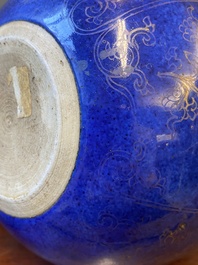 Een Chinese monochrome poederblauwe hookah basis met verguld decor van lotusslingers, Kangxi