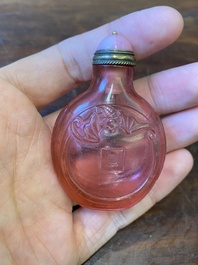 A Chinese ruby-pink glass 'bats' snuff bottle, Qianlong mark and of the period