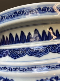 A large Chinese blue and white 'bajixiang' tripod censer with lotus scrolls, Qianlong
