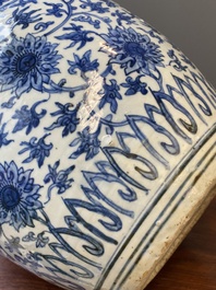 A large Chinese blue and white 'lotus scroll' jar, Ming