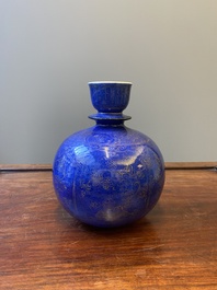 A Chinese monochrome powder-blue-glazed hookah base with gilt design of lotus scrolls, Kangxi
