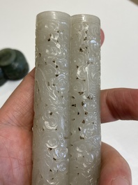A Chinese reticulated white jade parfumier with spinach-green jade cover and base, Qing