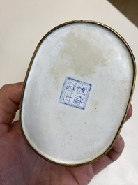 A fine Beijing enamel oval snuff box and cover with European ladies, Qianlong mark and probably of the period