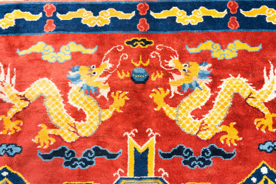 A huge Chinese 'Medicine Buddha' or 'Bhaishajyaguru' yellow-ground rug, probably Ningxia, 19/20th C.