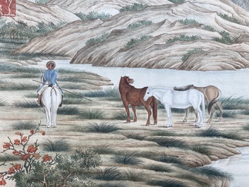 Chinese school, after Giuseppe Castiglione 郎世寧 (1688-1766): '100 horses', handscroll, ink and colour on paper, 18/19th C.