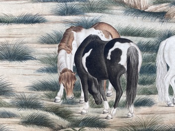 Chinese school, after Giuseppe Castiglione 郎世寧 (1688-1766): '100 horses', handscroll, ink and colour on paper, 18/19th C.