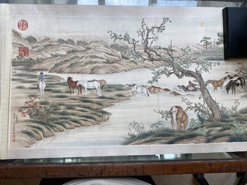 Chinese school, after Giuseppe Castiglione 郎世寧 (1688-1766): '100 horses', handscroll, ink and colour on paper, 18/19th C.