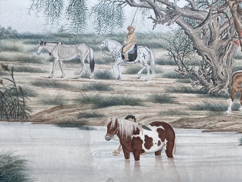 Chinese school, after Giuseppe Castiglione 郎世寧 (1688-1766): '100 horses', handscroll, ink and colour on paper, 18/19th C.