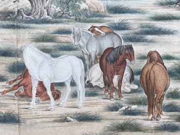 Chinese school, after Giuseppe Castiglione 郎世寧 (1688-1766): '100 horses', handscroll, ink and colour on paper, 18/19th C.