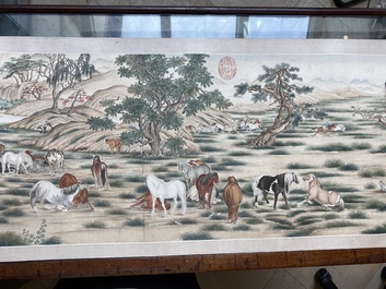 Chinese school, after Giuseppe Castiglione 郎世寧 (1688-1766): '100 horses', handscroll, ink and colour on paper, 18/19th C.