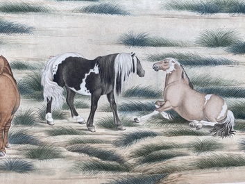 Chinese school, after Giuseppe Castiglione 郎世寧 (1688-1766): '100 horses', handscroll, ink and colour on paper, 18/19th C.