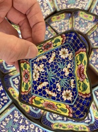 An exceptionally large Chinese Canton enamel rice table or sweetmeat set in its original Canton gilt-lacquered presentation table, 18/19th C.