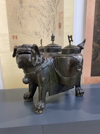 A large Chinese bronze 'touhu' or arrow vase in the shape of a lion, Ming