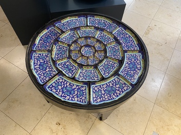 An exceptionally large Chinese Canton enamel rice table or sweetmeat set in its original Canton gilt-lacquered presentation table, 18/19th C.